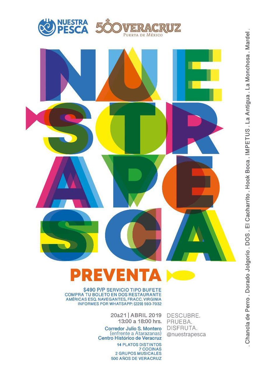 * Disfruta de 7 cocinas con 14 platillos diferentes de pesca fresca y celebremos junto los 500 años de Veracruz.

Fecha: 20 y 21 de abril 
Lugar: Julio S. Montero, frente a las Atarazanas, centro histórico de Veracruz

Venta de boletos: <a href="/dos_restaurante/">DOS_Restaurante</a> 

Informes: (229) 5937032