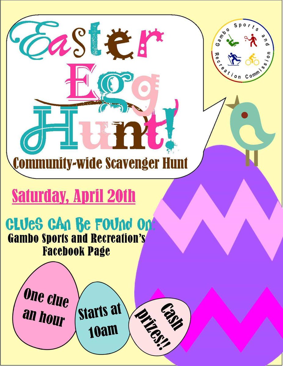 GamboSportsRec's tweet photo. Please Share to help us spread the word!! 

Check out our Annual Egg Hunt this Saturday! The first clue will be released at 10am, and every hour until all 4 eggs are found. Each egg is valued at $50. Find the egg - get the cash, easy peasy :) 
@SWApanthers 
#EasterEggHunt https://t.co/wtW1oZh4RH