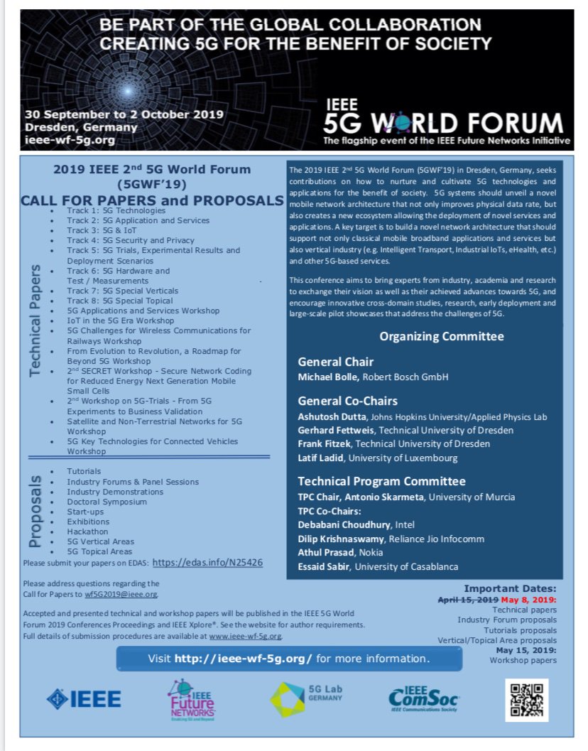 ieeeIAS's tweet photo. Call for Papers, Tutorials, and Proposals for IEEE 5G World Forum 2019 has been announced which is to be held on 30 Sept-2 October 2019. For more information, visit https://t.co/8IzIoWvooU #IEEE #CallforPapers #TechnicalConference2019 https://t.co/9rHCIWEmrB