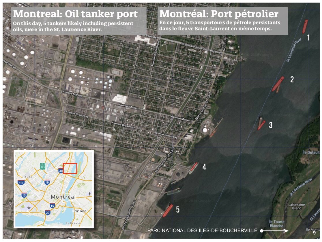 sjmuir's tweet photo. What IS socially acceptable in Quebec? How about: Five oil tankers daily at the Island of Montreal, by way of a “very high” environmental sensitivity zone.  If you could bottle the nerve this takes, it would outsell maple syrup. Not new though. https://t.co/V937ovwEPc https://t.co/oc6LG1AwYJ