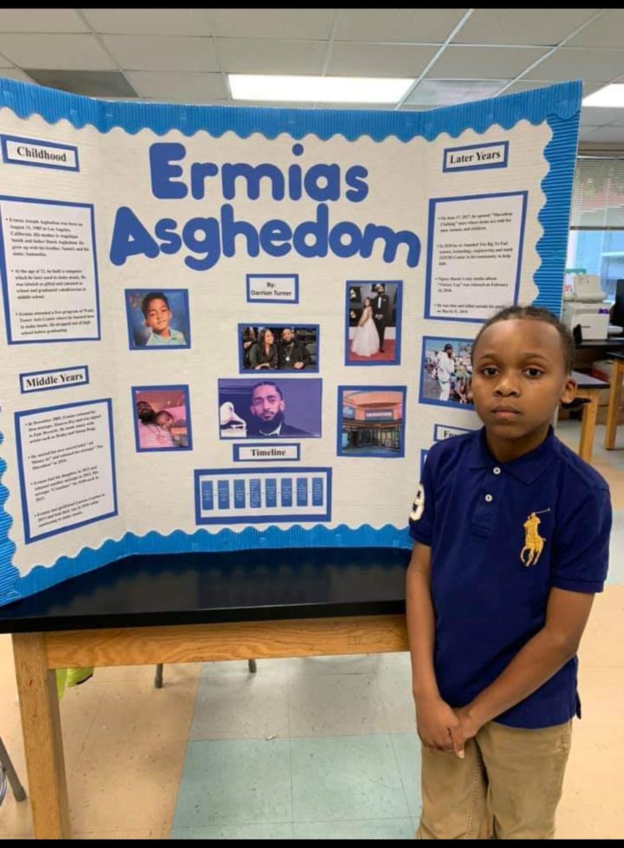 Son had his history project today. Everyday is Black History. Paying respect to Nipsey Hussle. #TheMarathonContinues #TMC #NipseyHussle #RIPNipsey #ErmiasAsghedom <a href="/CorneliusElem/">Cornelius Elementary</a>  <a href="/AngelWilson36/">Angel Wilson, Ed.D.</a>