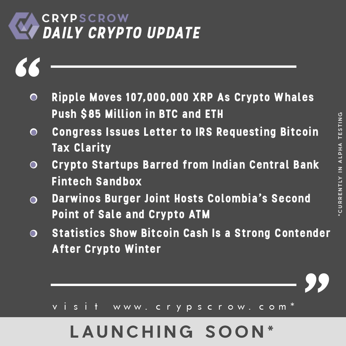 CrypScrow's tweet photo. #dailycryptoupdate #cryptonews #crypscrow #ripple #xrp #cryptowhales #btc #eth #congress #irs #taxclarity #cryptostartup #barred #indian #centralbank #fintech #sandbox #darwinos #burgerjoint #pos #colombia #cryptoatm #statistics #bch #strongcontender #cryptowinter https://t.co/M1sB8w78su