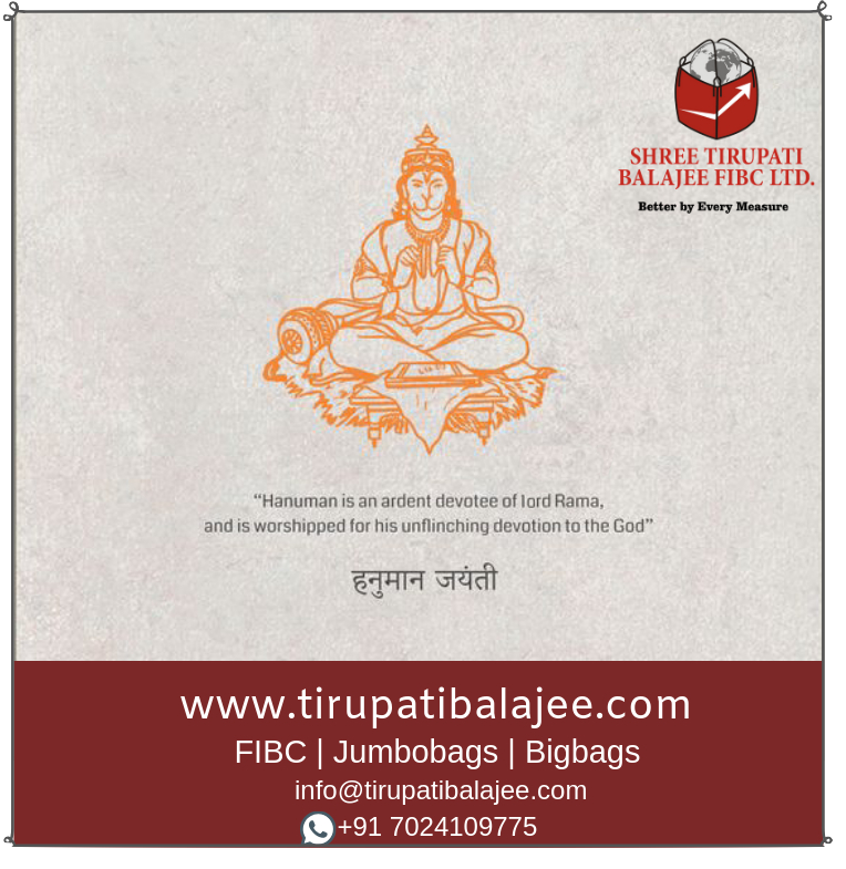 STBFIBC's tweet photo. On the auspicious day of Hanuman Jayanti,
Shree Tirupati Balajee Fibc Ltd. wishes you and your family "Happy #HanumanJayanti"
#fibc #jumbobags #bigbags #exporter #importer #PPBags #ibc #infrastructure #container #fourloopbags #bags #wovenbags #PPWovenSacks #WovenSacks #stbfibc https://t.co/y2ONreRAon