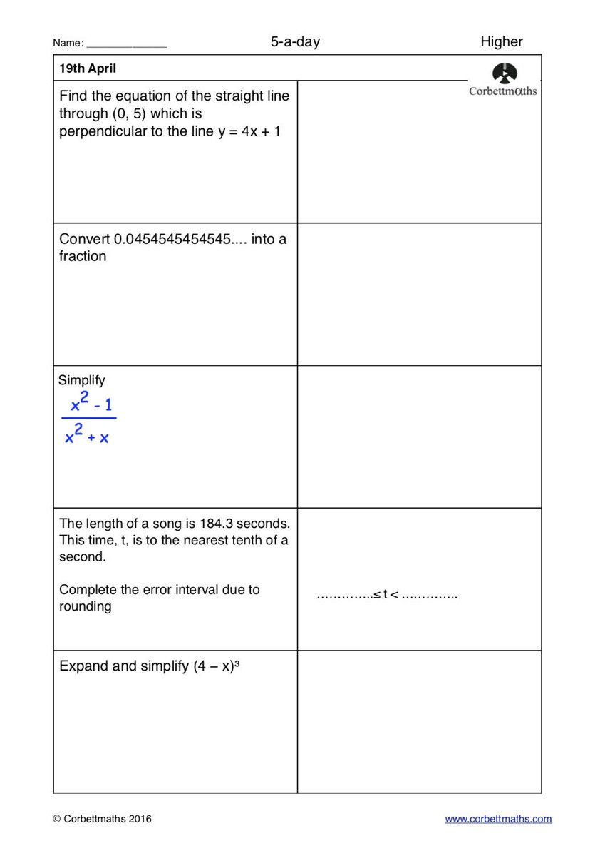 Corbettmaths's tweet photo. Studying for Higher GCSE Maths? Try today's Foundation Plus, Higher &amp; challenging Higher Plus #maths5aday answers: https://t.co/0TUWL6r2HM https://t.co/Gfo04uN10V