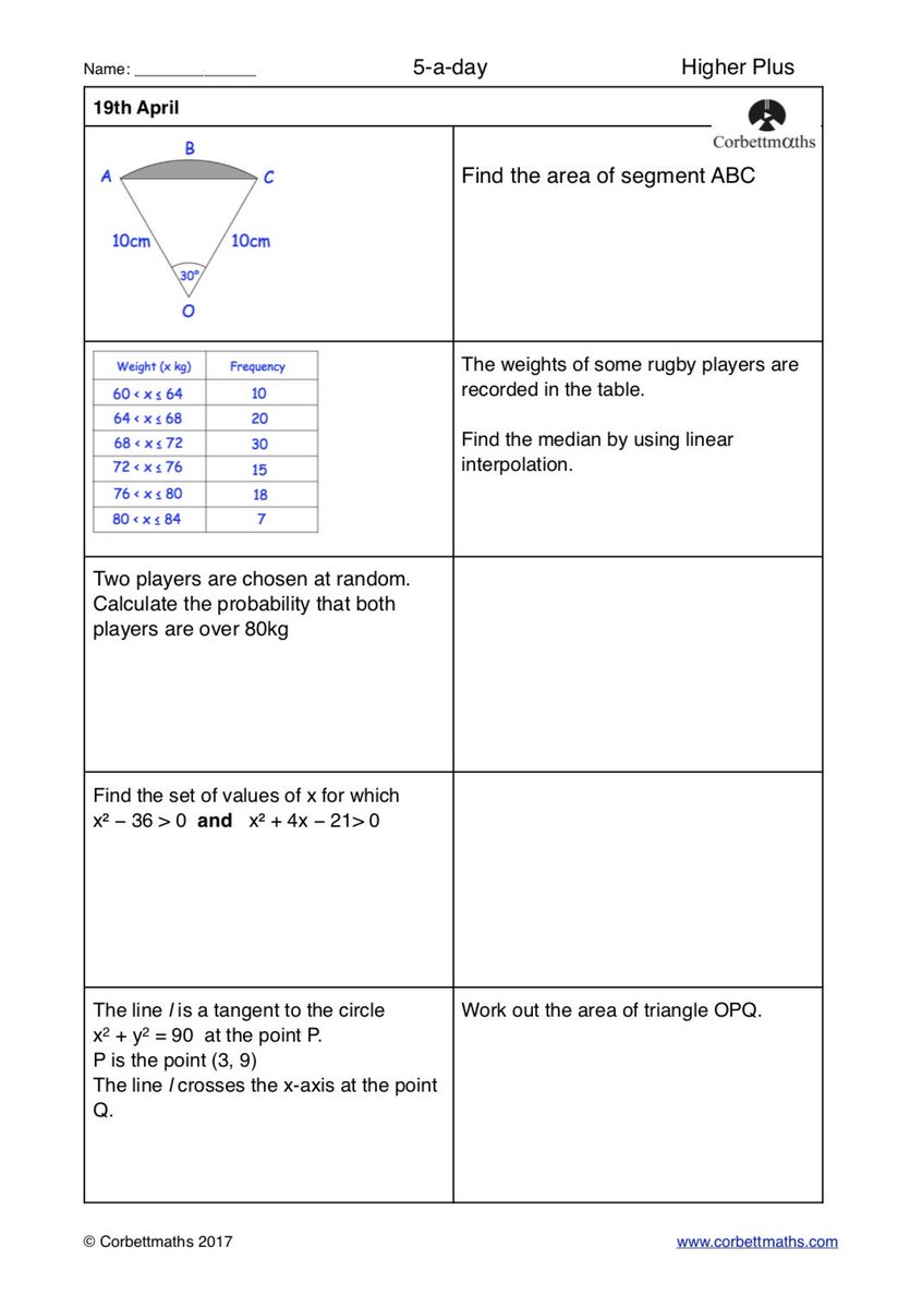 Corbettmaths's tweet photo. Studying for Higher GCSE Maths? Try today's Foundation Plus, Higher &amp; challenging Higher Plus #maths5aday answers: https://t.co/0TUWL6r2HM https://t.co/Gfo04uN10V