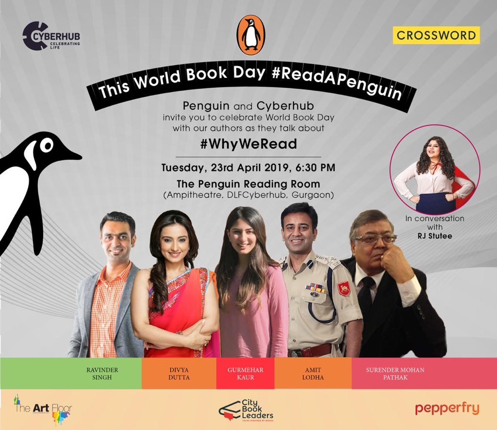 On the upcoming #WorldBookDay Gurgaon @dlf_cyberhub aa jao. Ye log bhi aa rahe hain @divyadutta25 @mehartweets #AmitLodha @SurenderMPathak @rjstutee @PenguinIndia