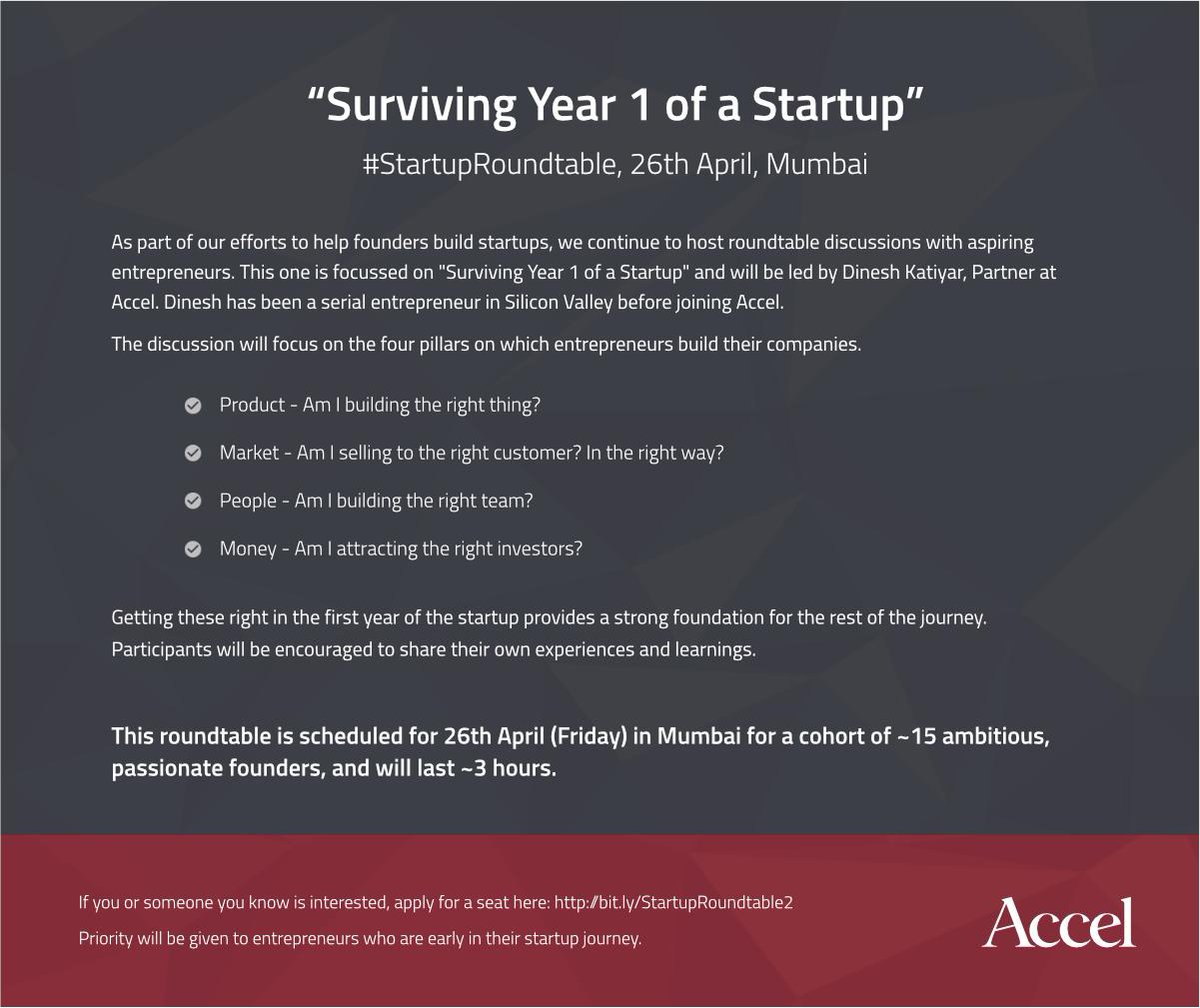 PuneStartup's tweet image. RT Accel_India: Product, Market, People, Money are 4 pillars on which entrepreneurs build their cos. Come join a #StartupRoundtable in #Mumbai (26th Apr) led by dwitr Dinesh Katiyar on how to go about building these pillars in the 1st yr of your startup …