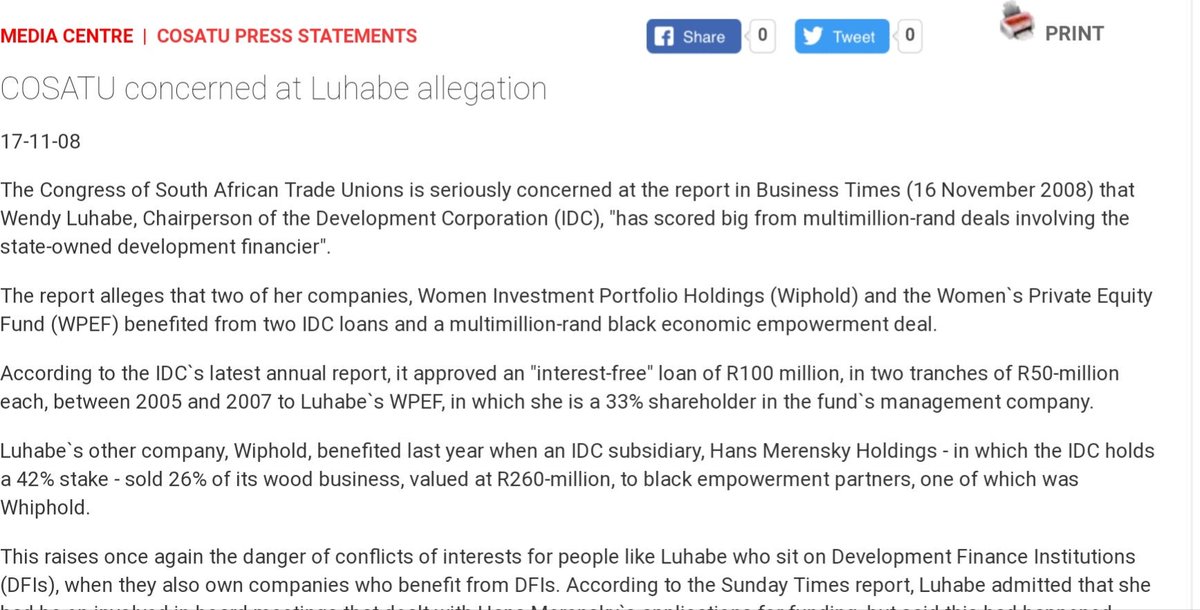 READ:Cosatu statement on Wendy Luhabe's R100 Mln "interest free loan" frm IDC #WakeUpBlackChild  #StateCaptureInquiry #HandsOffSOEs