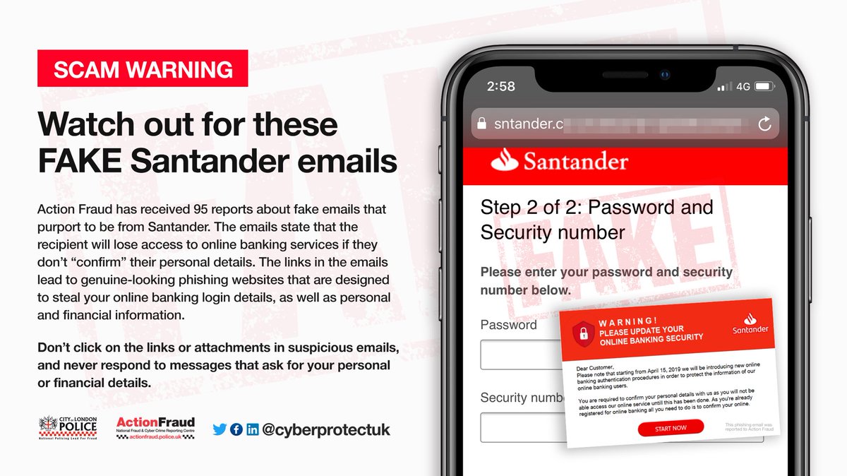 reportfrauduk's tweet photo. We’ve seen a surge of reports about these fake @santanderuk emails in the past couple of weeks! 

The links lead to convincing-looking sites that are designed to steal your online banking login details, personal and financial information! #PhishyFridays https://t.co/saTclN31Nw