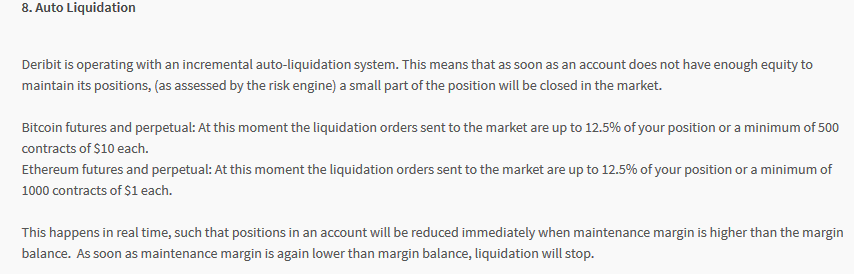 arthur0x's tweet photo. Instead of liquidating a trader's entire position at one go, Deribit incrementally liquidate the position up to 12.5% of total position and stop the liquidation as soon as the margin balance is higher than maintenance margin. This protect traders against a wick if price recovers. https://t.co/3pWsFzsPFe