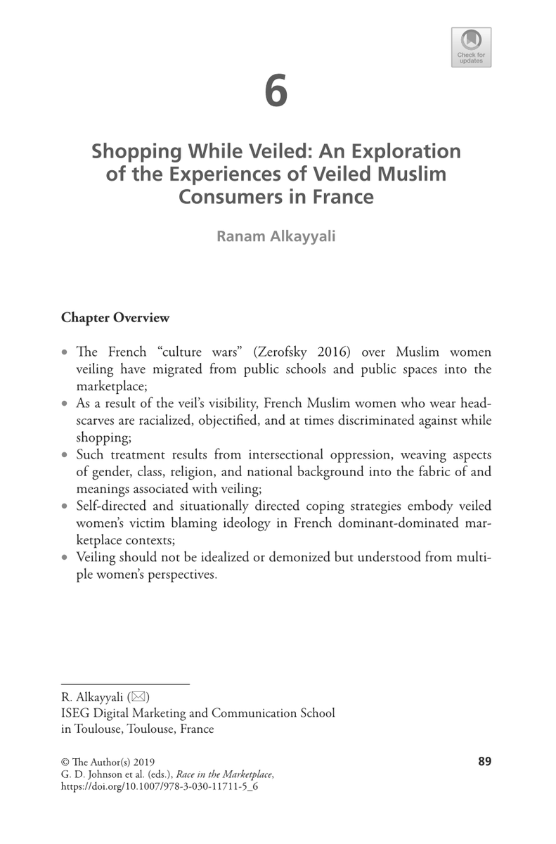 RIM_Network's tweet photo. In Chap 6, marketing scholar Ranam Alkayyali [@isegmcsto] discusses the everyday racialized shopping experiences of veiled Muslim women in France.
#ConsumerRacialProfiling #Discrimination #Islamophobia #France #Intersectionality https://t.co/e051NJ0mQ8