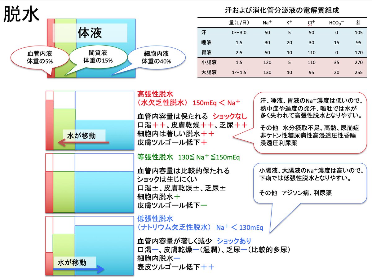 Oj Pa Twitter 脱水2 高張性脱水 水欠乏性脱水 では 間質液や細胞内液から血管へ水が移動するため 循環血液量は比較的保たれます 低張性脱水 ナトリウム欠乏性脱水 では 血管から間質液や細胞内液へ水が移動するため 循環血液量の減少が著しく循環血液量