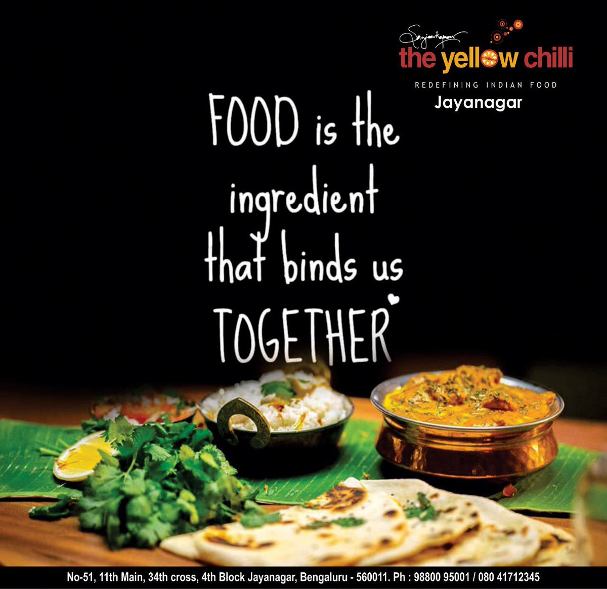 TYC_Bangalore's tweet photo. Food is the ingredient that binds us TOGETHER.

Romantic Dining Experiences at The Yellow Chilli Restaurant, Jayanagar.
For Reservations Call: +91 98800 95001 / 080 41712345

#TheYellowChilli #DinnerNight #RomanticNight #DateNight #ChillMusic #WineAndDine #FridayEvening https://t.co/6U5iTNjpem