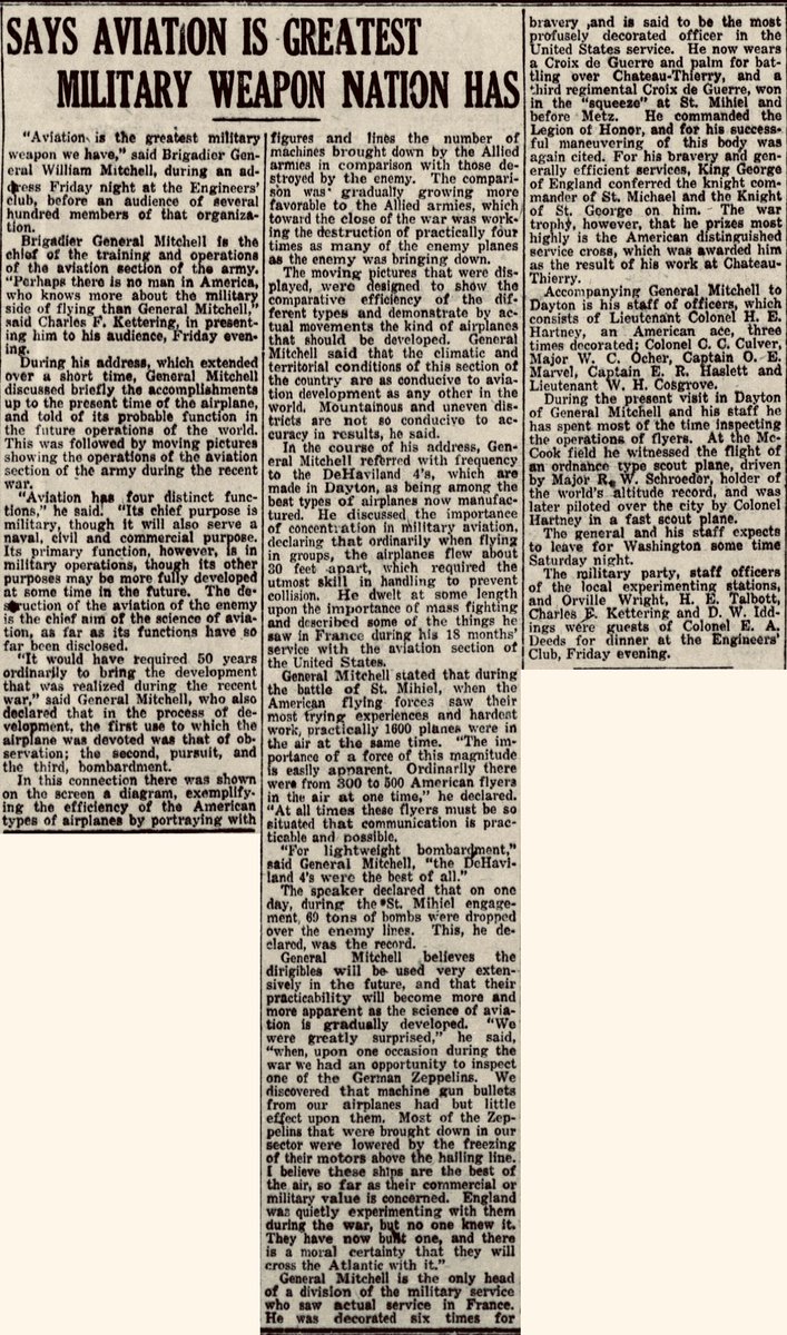 4/19/1919: Gen Billy Mitchell continues his inspection of McCook Field today. Last night, he gave this address <a href="/EngineerClubDYT/">Engineer's Club DYT</a> . He will do some test flying today. <a href="/AFResearchLab/">Air Force Research Lab - AFRL</a> #WW1 #WWI #1919LIVE <a href="/ThisDayInWWI/">This day in WWI</a> #avgeek #AirForce