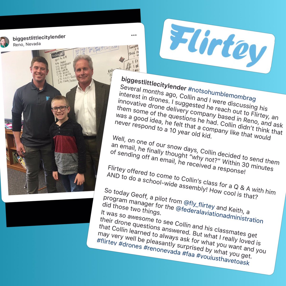 GetSkyDrop's tweet photo. We just had to share this story and give a shoutout to Collin. Flirtey is happy to be active in the community and share our mission to save lives and improve lifestyles by making delivery instant for everyone. #IPPReno #dronedelivery #FAA #savinglives #community #local https://t.co/UZjGTvYCII