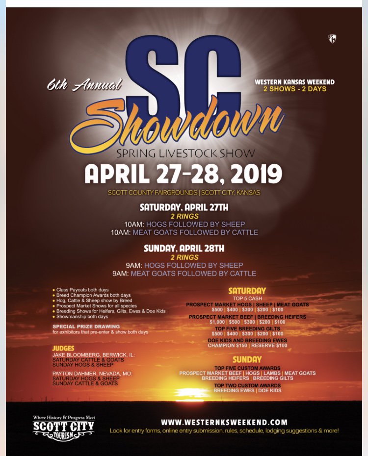 fatsteer's tweet photo. SC SHOWDOWN
SPRING LIVESTOCK SHOW
APRIL 27-28, 2019
Scott County Fairgrounds, Scott City, KS
HOGS, SHEEP, MEAT GOATS &amp; CATTLE
https://t.co/bPdwJ9Vvqa https://t.co/pWG7wkDBQ1