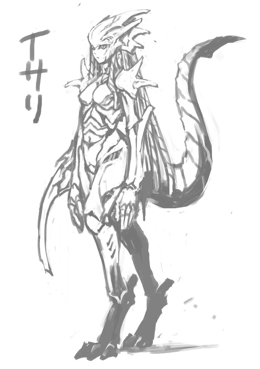 それで…トークイベント後の懇親会で、私が数年前に描いたヒロインのファンアートを、まさかの作者様御本人から紹介されるという青天の霹靂な事態に陥りギャーヤベー!?となったのですが、可愛いと仰って頂けたのでセーフ…いえ嬉しかったです!
こちらが天冥の標、甲殻類系異形ヒロインイサリの想像図