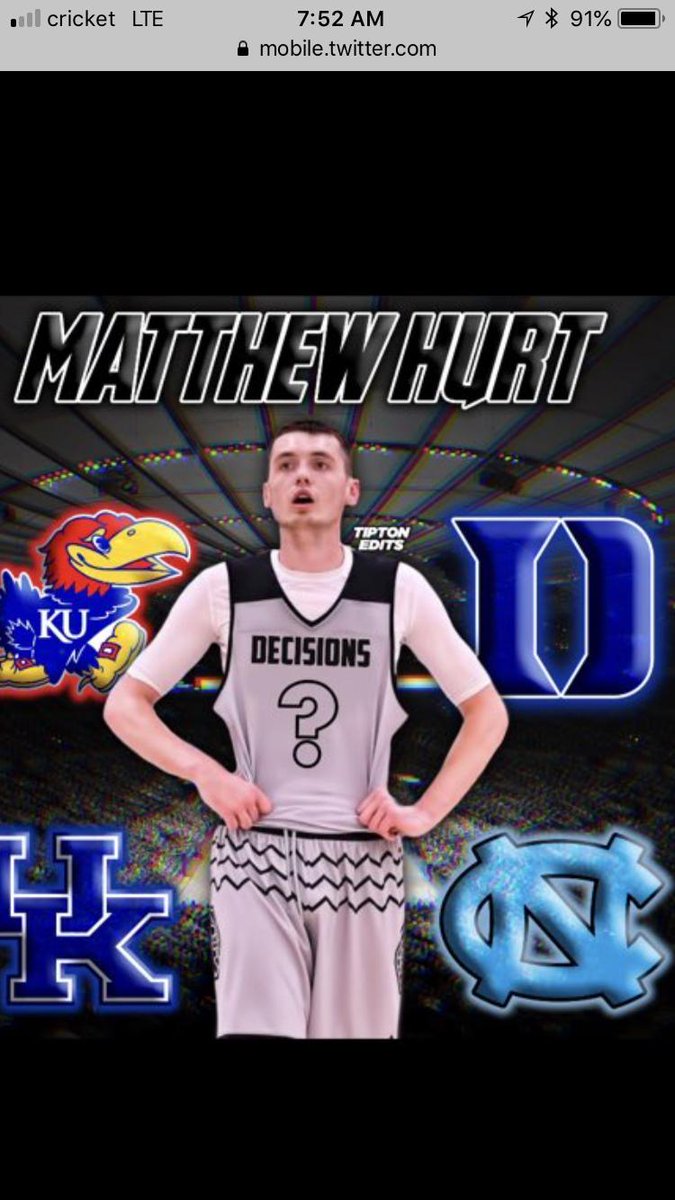 clintjackson1's tweet photo. Today is Matthew Hurt Decision Day. He is expected to make his commitment at 3:15 CT. #Duke  #UNC  #Kansas  #Kentucky https://t.co/GChi3h1x4k