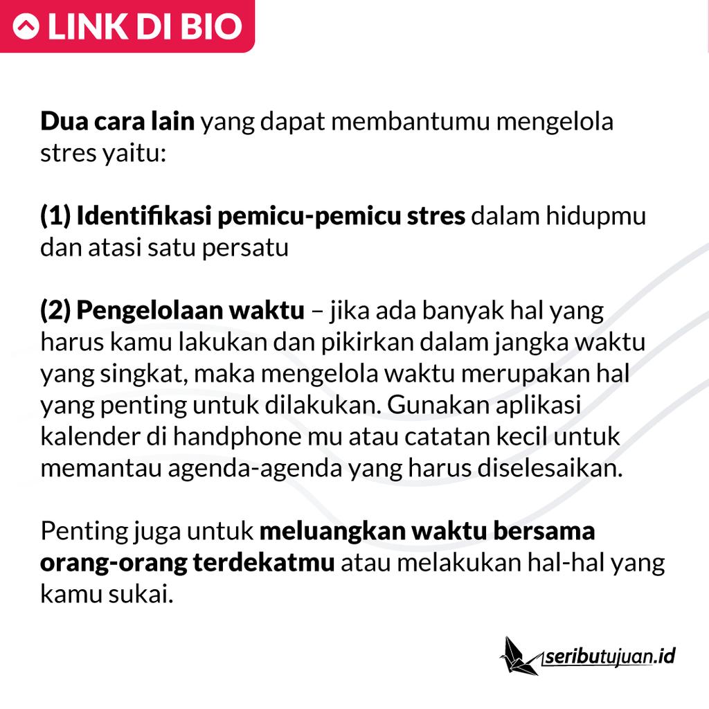 SeribuTujuan's tweet photo. Ada dua cara lain yang dapat membantumu mengelola stres!
Ayo, bagikan tipsmu untuk mengatasi stres, silahkan tulis di kolom komentar!
#SeribuTujuan #MentalHealth #KesehatanMental #Indonesia #stress #selfcare #CerdasMentalBersamaST #InFocusST https://t.co/W565YMSQtC