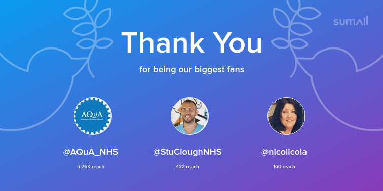 Our biggest fans this week: <a href="/AQuA_NHS/">Advancing Quality Alliance (Aqua)</a>, <a href="/StuCloughNHS/">Stuart Clough</a>, <a href="/nicolicola/">Nicola Clark</a>. Thank you! via sumall.com/thankyou?utm_s…