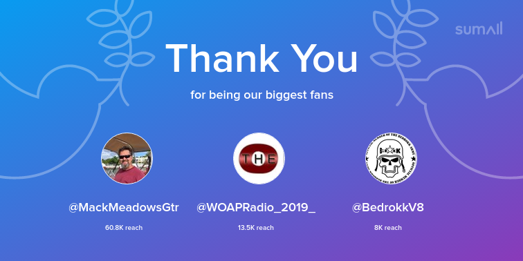 Our biggest fans this week: @MackMeadowsGtr, @WOAPRadio_2019_, @BedrokkV8. Thank you! via sumall.com/thankyou?utm_s…