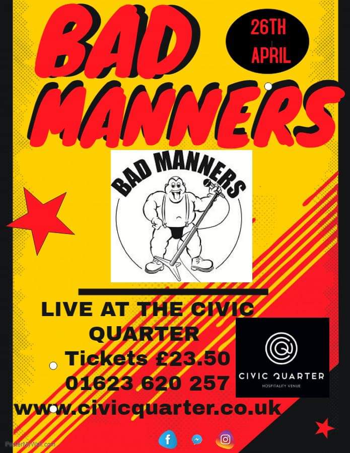 One week To go 
Bad manners live in Mansfield 
<a href="/TheCivicQuarter/">The Civic Quarter</a> @BadManners40yr <a href="/Mansfield1032/">Mansfield 103.2</a> <a href="/ChadNews/">Mansfield Chad</a> 
<a href="/NottinghamPost/">Nottingham Post</a> <a href="/nottm_events/">What's On Nottingham</a> <a href="/LiveMusicRks/">Live Music Rocks</a> <a href="/Notts_TV/">Notts TV</a>