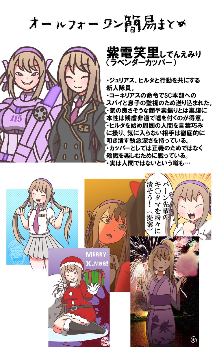 #交流企画オワレボ
#企画アルオワン
簡易解説その2
ジュリアス、ヒルダ、笑里

確かにジュリーは隊員にはなれてるけど、周囲の人間が父親含めロクな奴が殆どいないんだよなぁ… 