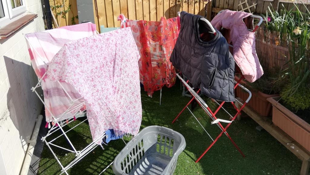 kelbacon's tweet photo. Doing as @carolkirkwood suggested, and taking advantage of the fab #GoodFriday weather. Washing everything! Scarves, gilets, coats, hats, mats and cats. Well, maybe not that last one. 🐱 https://t.co/XuzX5e6jyO