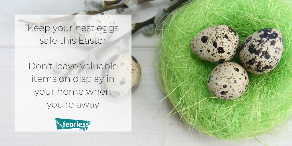 Fearless_Surrey's tweet photo. Heading out for an egg-citing weekend? 🐣
Keep your nest eggs safe by keeping valuables out of sight of prying eyes (and fingers...) ❗️❗️
For more info about keeping your property safe while you're away click here: https://t.co/jItBQV9DVv
#EasterTips #SafetyTips https://t.co/BtmhurUm33