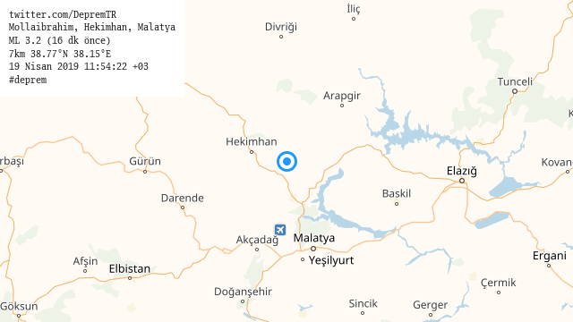 DepremTR's tweet photo. #Mollaibrahim, #Hekimhan, #Malatya
ML 3.2 (16 dk önce)
7km 38.77°N 38.15°E
19 Nisan 2019 11:54:22 +03
#deprem https://t.co/1K9JZmEzml