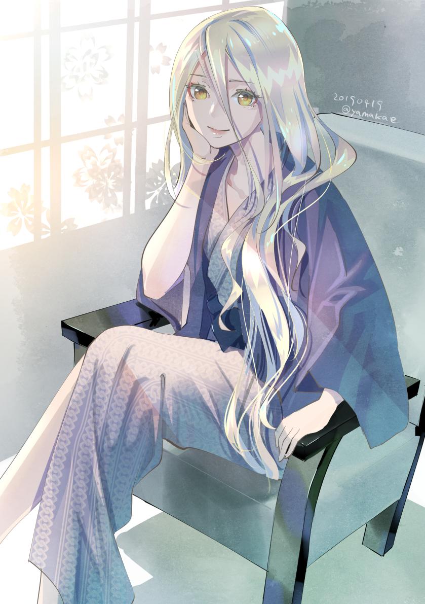 richelieu (kancolle) 1girl long hair solo blonde hair japanese clothes kimono sitting  illustration images