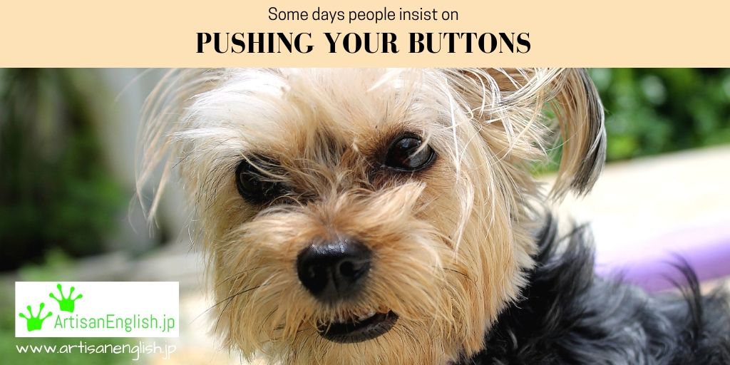ArtisanEnglish's tweet photo. English Idiom: Push your buttons
https://t.co/dsQsBloCpE
The people who know you best are the same ones who know how to push your buttons. Those you call friends can say and do little things which will get your goat every time. #英会話 #英語表現 #pushyourbuttons #artisanenglish https://t.co/oRRdorCxBb