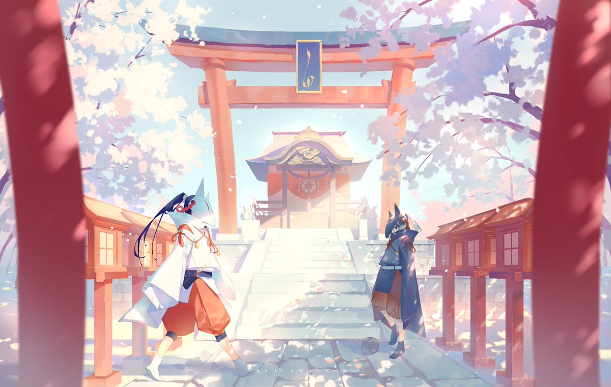 torii japanese clothes black hair multiple boys outdoors stairs shrine  illustration images
