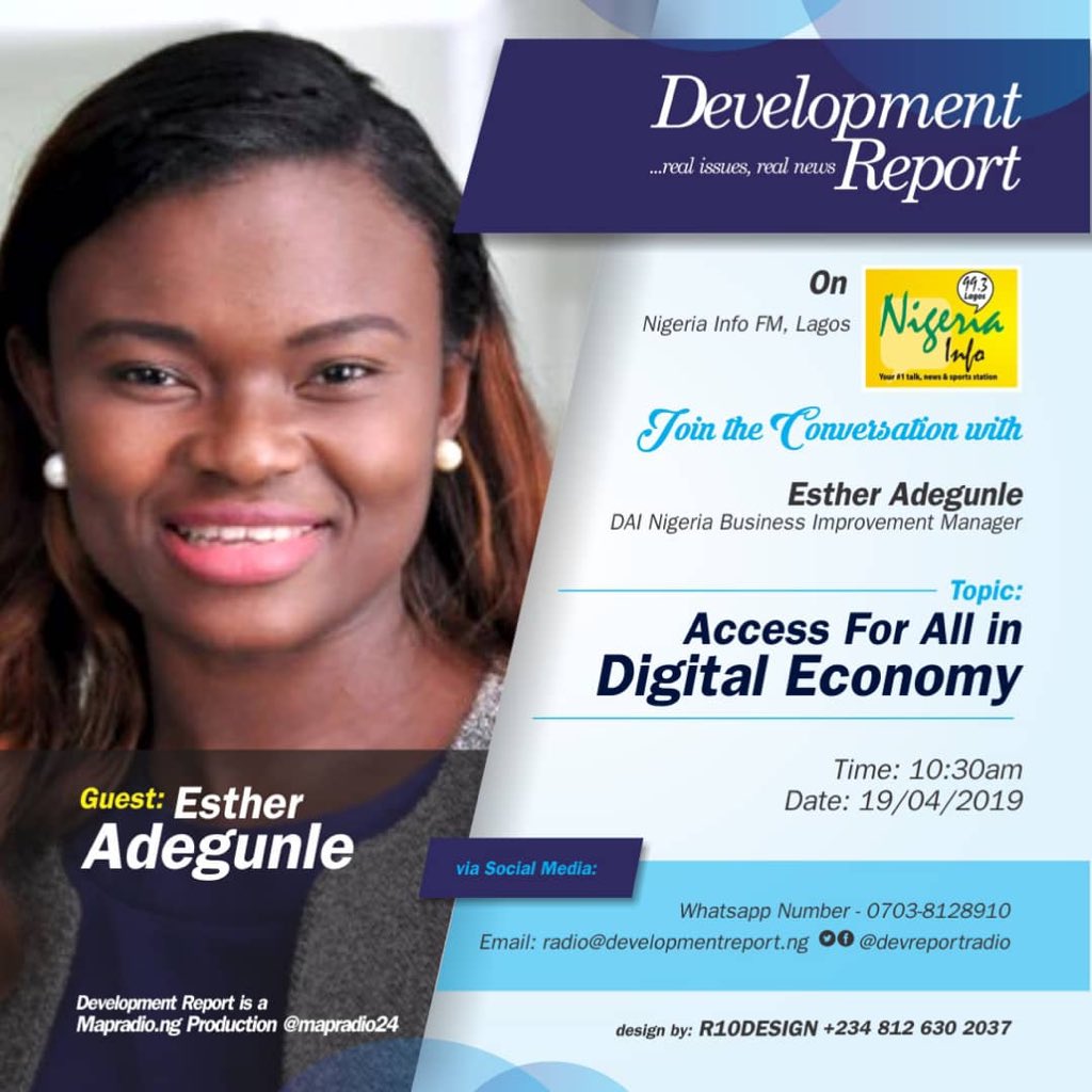 enenezig's tweet photo. #DevelopmentReport this week Friday at 10:30am on @NigeriainfoFM will feature @DAIGlobal's Nigeria Business Improvement Manager, Esther Adegunle talking about "Access for All in a Digital Economy" @DrJoeAbah @enenezig @helmshart #A4AInclusiveEcon #DAIDigitalAccess @FemiCoolfm https://t.co/SBRTJKIFOG