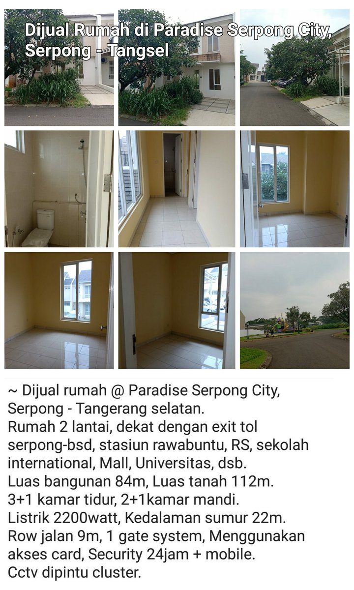 Property_89's tweet image. Bila berminat telp/wa ke:  
0878 0002 2898 (Thody)

#Dijuarumah #ParadiseSerpongCity   #Serpong #bsd #Tangerangselatan #Rumah2lantai #tol #tolserpongbsd #stasiunrawabuntu #RS #sekolah #international #Mall #Universitas #Recomended4BO #WonderfulIndonesiaDubai