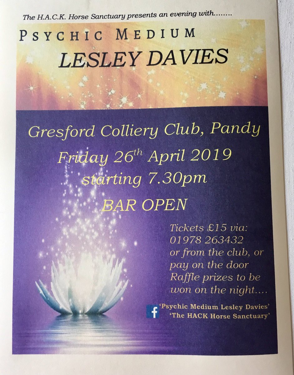 Our next fundraising event, hosted by the wonderfulLesley Davies, please rt <a href="/ThisIsWrexham/">This Is Wrexham</a> <a href="/wgmin_rural/">WGMin_Rural</a> <a href="/uocequestrian/">University of Chester Equestrian</a> <a href="/leaderlive/">LeaderLive</a> @LlayFocus #charity #psychicmedium #psychicreading #wales