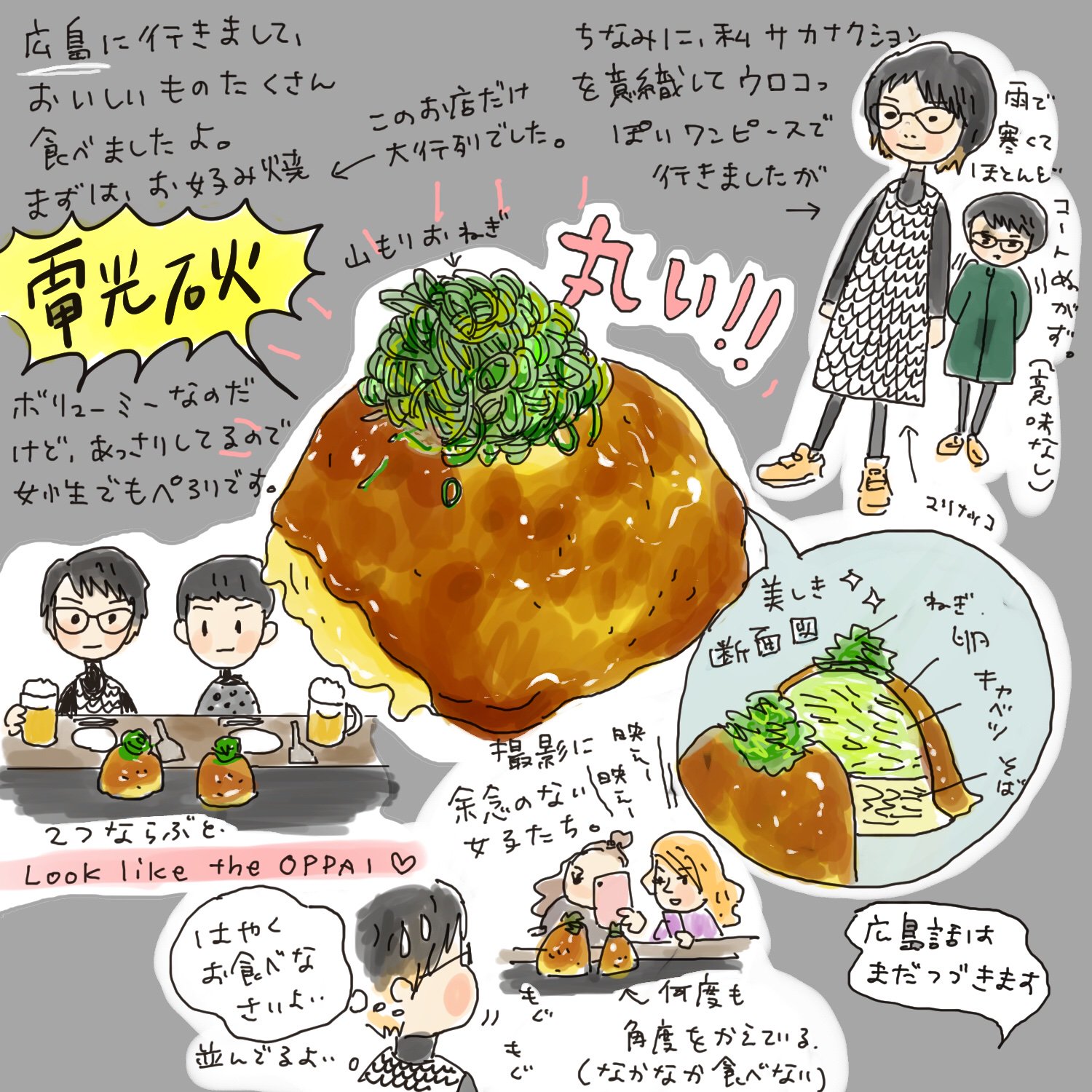 Hamatake Mutsuko 広島行ってた話 お好み焼き 電光石火 電光石火駅前ひろば店 電光石火お好み焼き 広島 Hiroshima 広島グルメ 広島旅行 絵日記 イラスト イラストエッセイ Illustration T Co Wodsotb5de Twitter