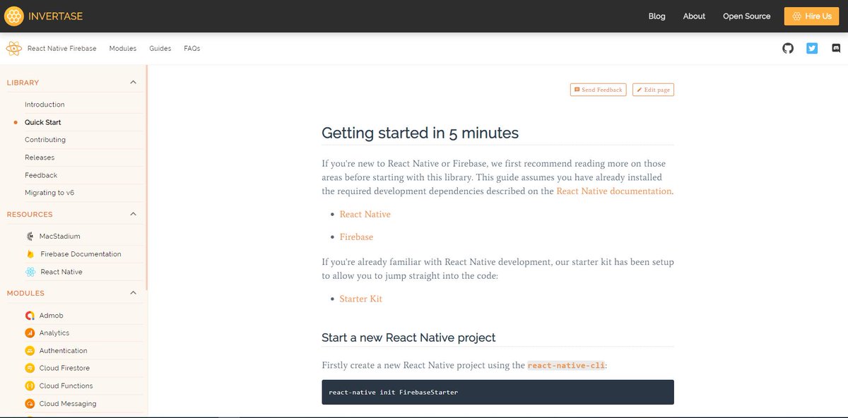 elliothesp's tweet image. Sneak peak of the latest progress on the @rnfirebase documentation 👀 Every module now has it&apos;s own hub with quick start guides 🥳 Currently on 94 pages... and loads more to do... #javascript #firebase #rnfirebase #reactnative