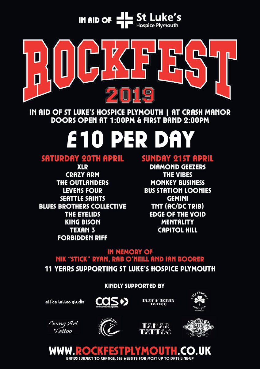 CuzRockfest's tweet photo. ROCKFEST 2019 In Aid Of @StLukesPlymouth #Plymouth #devon #Cornwall is this weekend at @ManorCrash 2 days 19 bands @HeraldWhatsOn @HeraldWeekend @WhatsOnPlymouth @WhatsOnCornwall @PLYMusicScene @whatsondevon @plymrockscene @WTelfordHerald @BBCDevon @BBCSpotlight @itvwestcountry https://t.co/HAlXsfaw6R