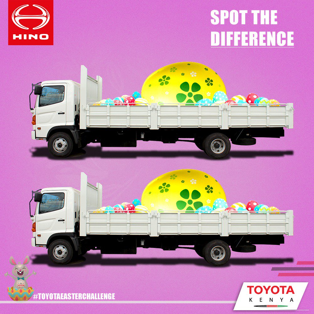 HinoCFAOKE's tweet photo. Spot the difference between these two images? RT this post, and tag a friend once you figure it out and stand a chance to #win with Hino. #Teaster #ToyotaEasterChallenge #happyEaster2019 #EasterWeekend #GoodFriday
T&C: https://t.co/Z1iZqYSjfG https://t.co/70YA8YYJBp