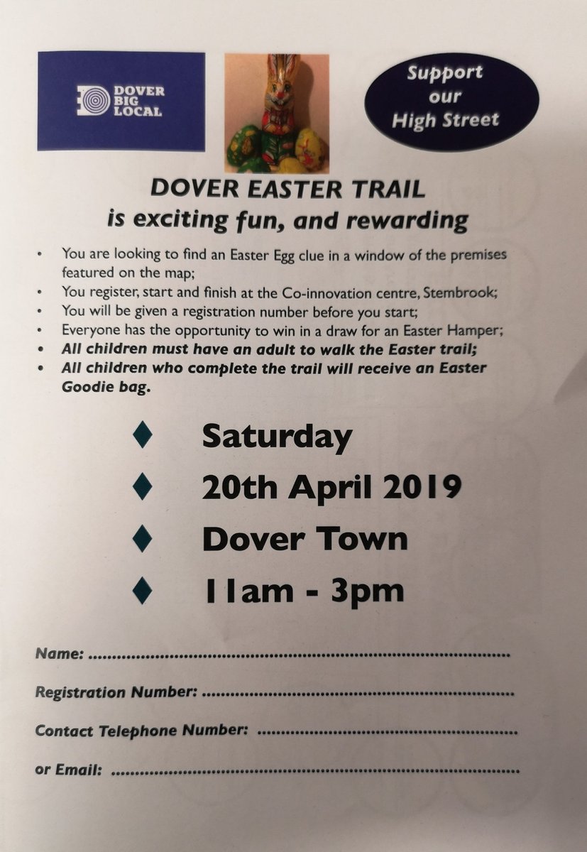 DoverBigLocal's tweet photo. #Dover #Easter Trail 2019
Saturday 20th April 11am - 3pm 
Registration, starting place and finish is at Co-Innovation - @StembrookArcade  (CT16 1PF)

#EasterWeekend #eastereggs @DoverTownTeam @DoverDC @DoverCR https://t.co/GHo75la7O6