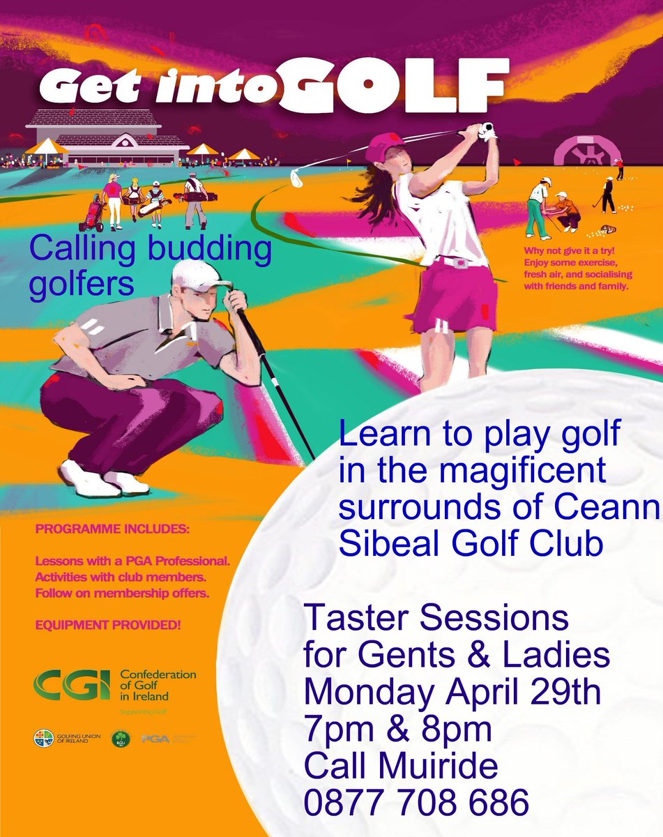 CeannSibealGC's tweet photo. Calling all budding golfers. Come along to our taster session on Monday 29th April at 7pm for ladies &amp; 8pm for gents. Call Muiride 0877 708 686 to book a place. #dinglegolf #learntoplaygolf https://t.co/0qzUSv39Tz