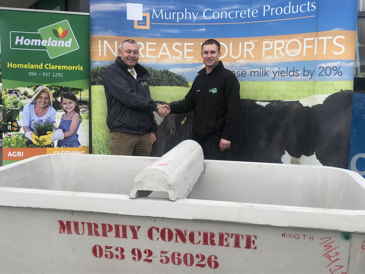 Murphy Concrete Products are delighted to partner with Homeland/Aurivo, who are supplying a range of our agricultural products throughout their stores in the North West. Pictured are Willie Day from Murphy Concrete Products and Shane Kivlehan, Homeland Claremorris Store Manager
