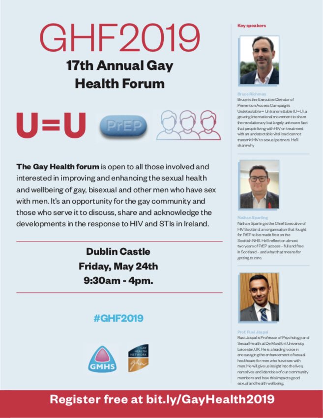 I’m really excited to announce our #GHF2019 key speakers.

<a href="/BR999/">Bruce Richman ☮️❤️ #UequalsU</a> will share his passion to empower the world with #UequalsU.
<a href="/nathansparkling/">Nathan Sparling</a> on 2yrs of full &amp; free #PrEP in Scotland.
@ProfRJaspal on how identity impacts our #SexualHealth. 

Free tickets: bit.ly/GayHealth2019