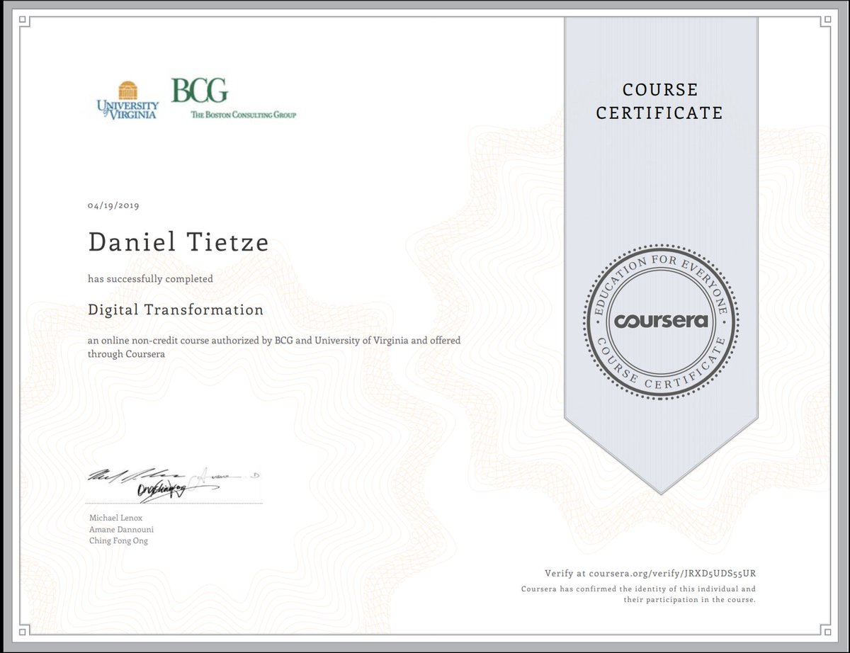 Fortbildung ist unabdingbar. Für uns und für unsere Kunden. Danke <a href="/coursera/">Coursera</a>, <a href="/BCG/">Boston Consulting Group</a>, <a href="/DardenMBA/">Darden School at UVA</a> #DigitalTransformation #Digitalisierung #educate #webdevelopment #LegalTech #beeqoolaw #Law #Visions