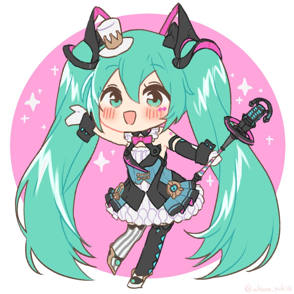 hatsune miku ,magical mirai miku 1girl solo mini hat long hair holding chibi twintails  illustration images