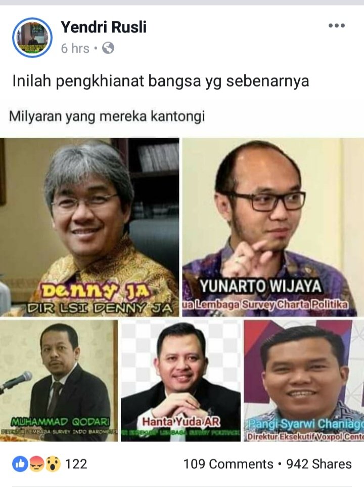 zoelfick's tweet photo. Di facebook viral fitnah semacam ini thd lembaga-lembaga survei. 

Kebetulan ketemu salah satu akun sumber fitnahnya ini, berharap aparat berwenang bisa bersikap tegas atas aktor fitnah ini. https://t.co/1BdLAgS2W5