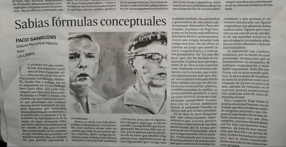 Crítica de Bernardo Palomo, ayer en Diario de Jerez diario de las artes, sobre mi ultima exposición en Galería Manolo Ales, La Linea Cadiz. Comisariado por Macarena Ales.