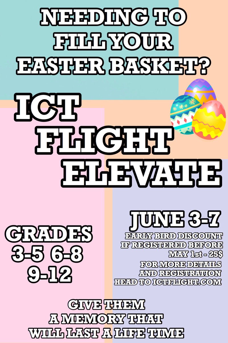 ICTflight's tweet photo. Needing to fill your basket? Give them a memory that will last them a life time! Join us for Elevate, June 3-7, and if you sign up by May 1st you’ll get the early bird discount! Happy Flight Friday! https://t.co/qZa4uC0PVg