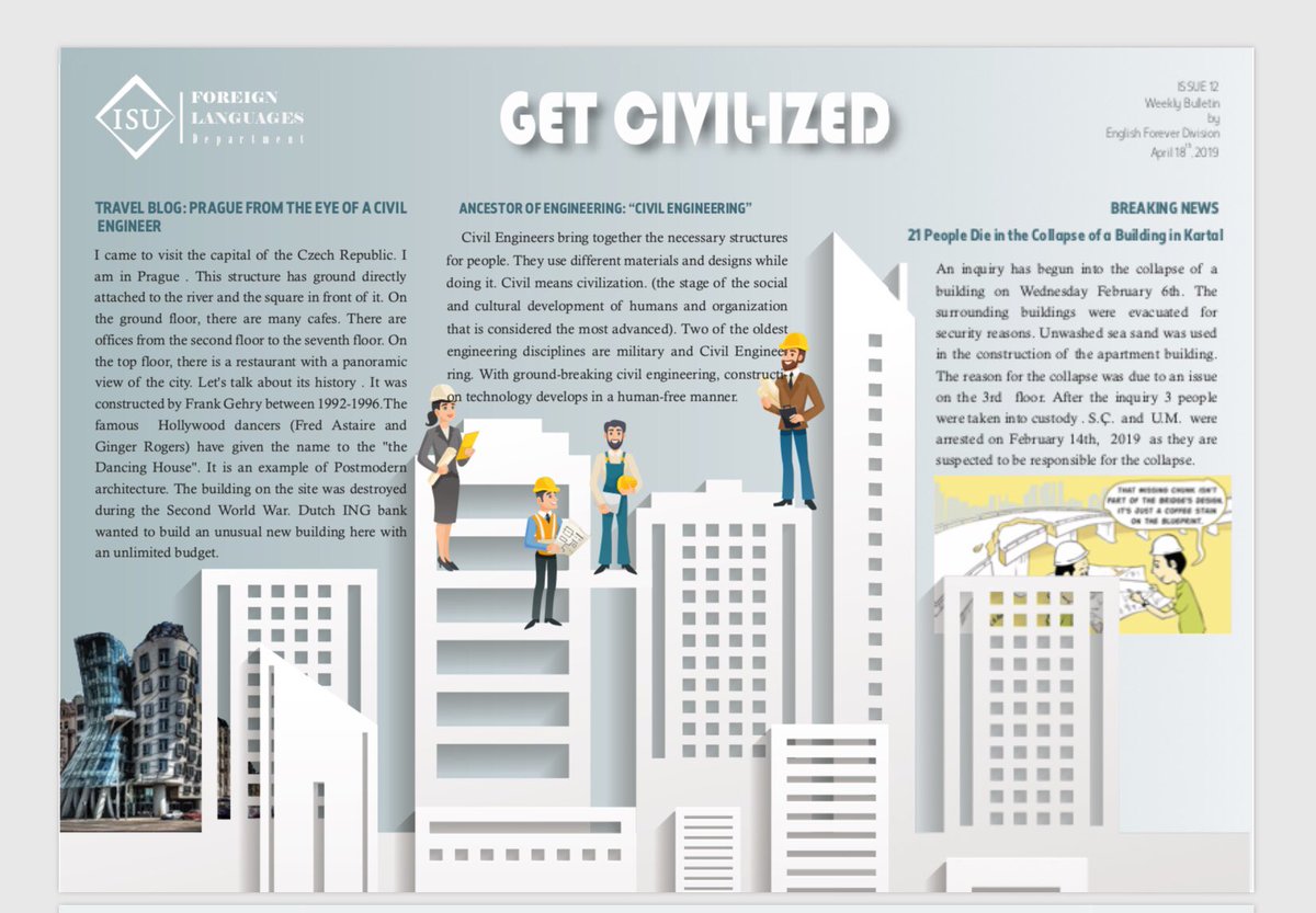 ISU_EFL's tweet photo. Weekly Bulletin Issue 12, GET CIVIL-IZED, by English Forever Division, Civil Engineering Students Team 👏🏼👏🏼👏🏼 #isuforeignlanguages #weeklybulletin #englishforeverdivision #istinyeüniversitesi @melihbulu https://t.co/Tnhv9FOlEn